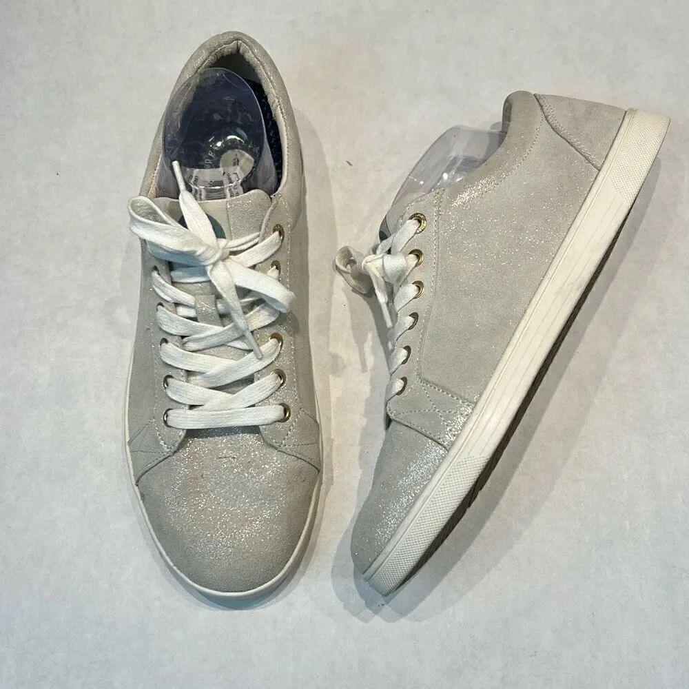 Spenco Revitalign Empire Leather Tennis Shoes Sz 11 Oatmeal Shimmer Sparkle Lace